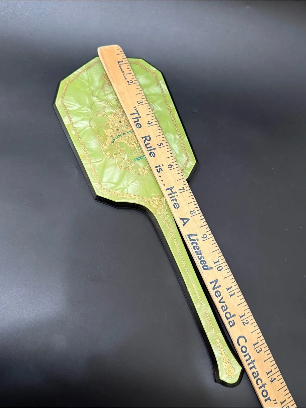 Vintage Art Deco Pearlized Lime Green Celluloid or Lucite Hand Held Mirror